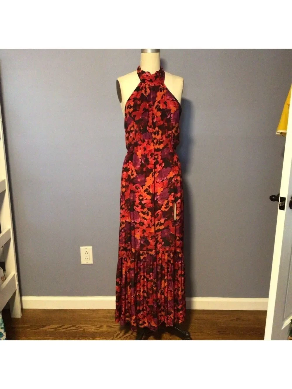 SAYLOR Audie Dress Sz M Red Black Pink Floral Midi - Picture 4 of 9